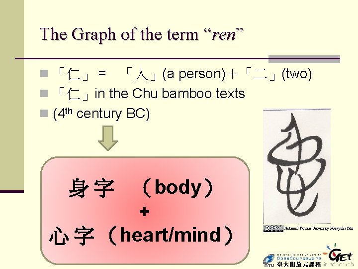 The Graph of the term “ren” n 「仁」 = 「人」(a person)＋「二」(two) n 「仁」in the