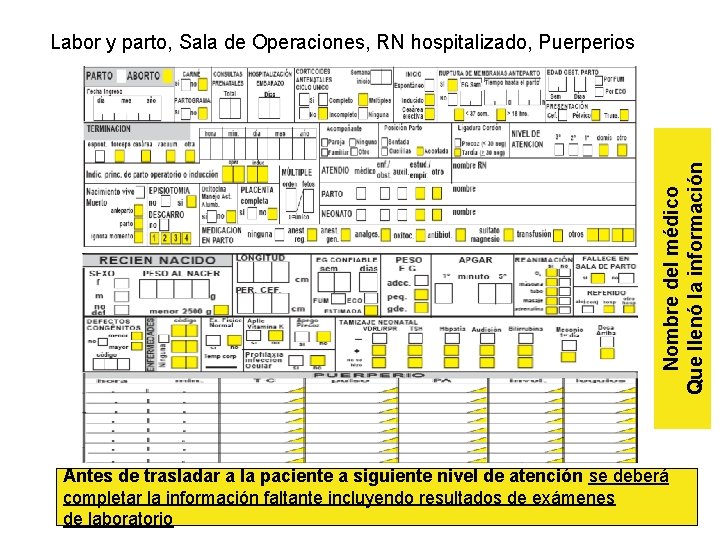 Nombre del médico Que llenó la información Labor y parto, Sala de Operaciones, RN
