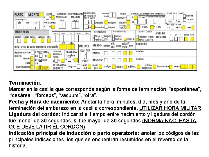 Terminación. Marcar en la casilla que corresponda según la forma de terminación, “espontánea”, “cesárea”,