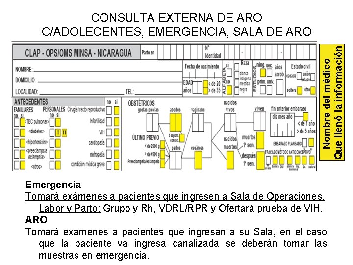 Nombre del médico Que llenó la información CONSULTA EXTERNA DE ARO C/ADOLECENTES, EMERGENCIA, SALA