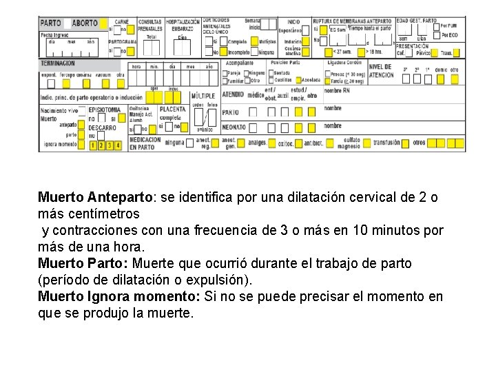 Muerto Anteparto: se identifica por una dilatación cervical de 2 o más centímetros y