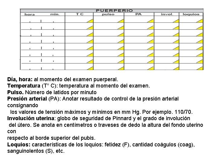 Día, hora: al momento del examen puerperal. Temperatura (T° C): temperatura al momento del