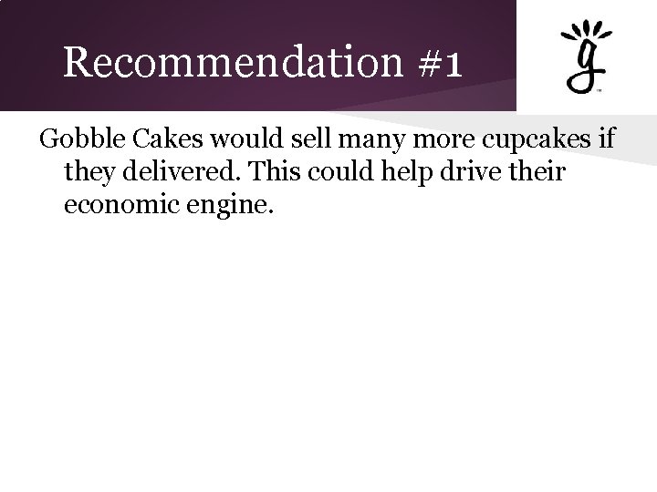 Recommendation #1 Gobble Cakes would sell many more cupcakes if they delivered. This could