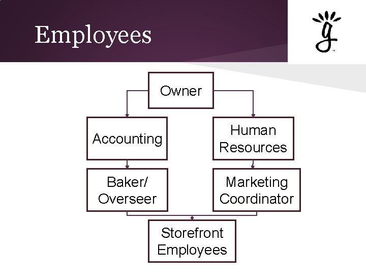 Employees Owner Accounting Human Resources Baker/ Overseer Marketing Coordinator Storefront Employees 