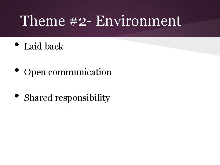 Theme #2 - Environment • Laid back • Open communication • Shared responsibility 