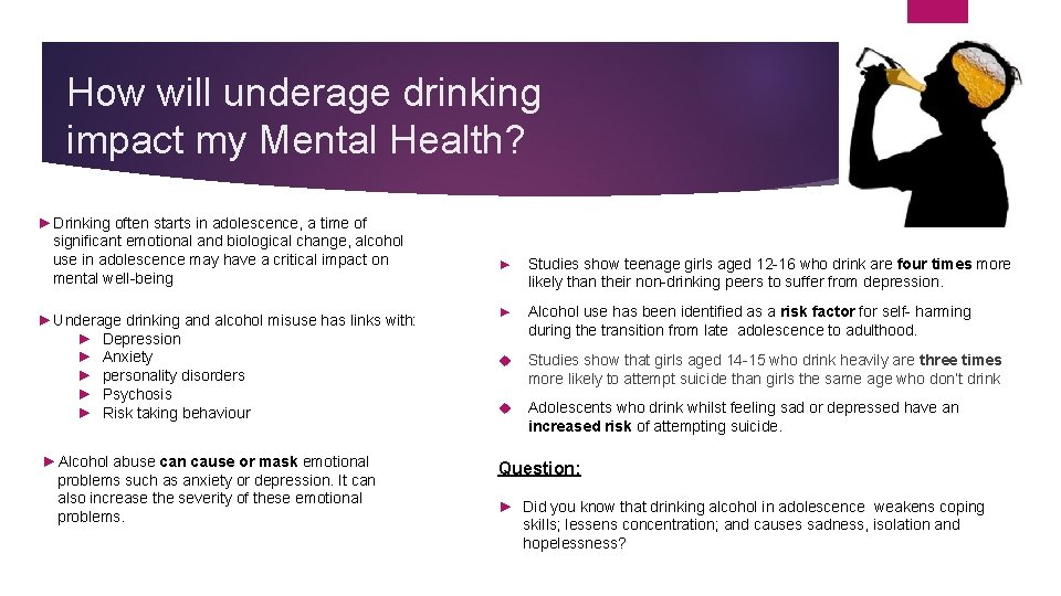 How will underage drinking impact my Mental Health? ►Drinking often starts in adolescence, a