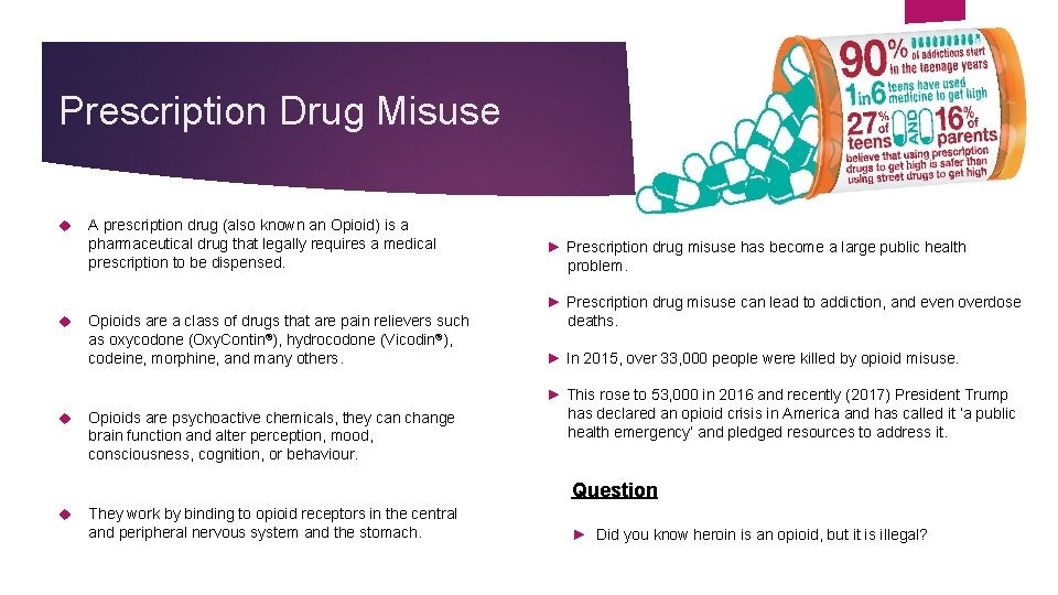 Prescription Drug Misuse A prescription drug (also known an Opioid) is a pharmaceutical drug