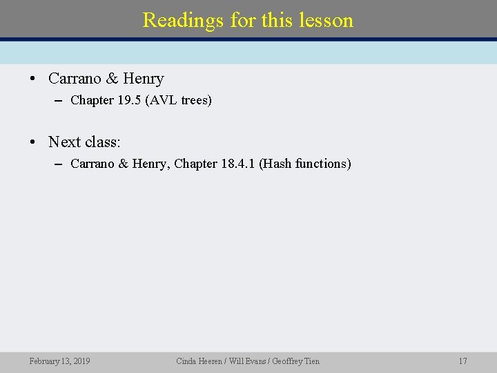 Readings for this lesson • Carrano & Henry – Chapter 19. 5 (AVL trees)