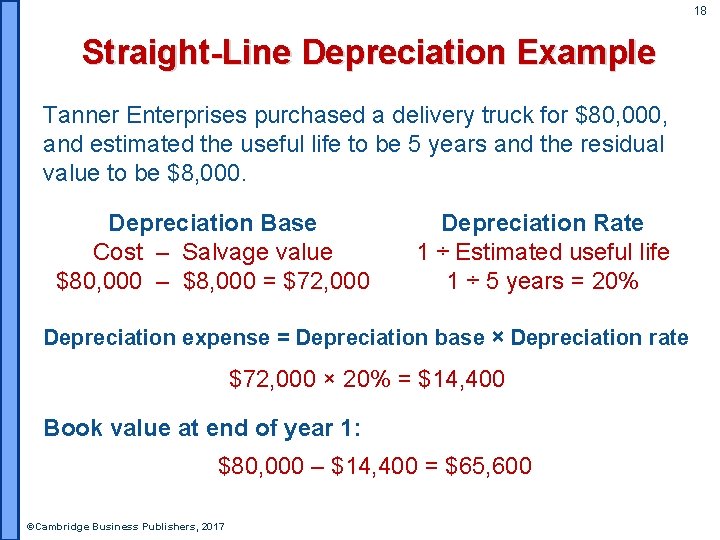 18 Straight-Line Depreciation Example Tanner Enterprises purchased a delivery truck for $80, 000, and