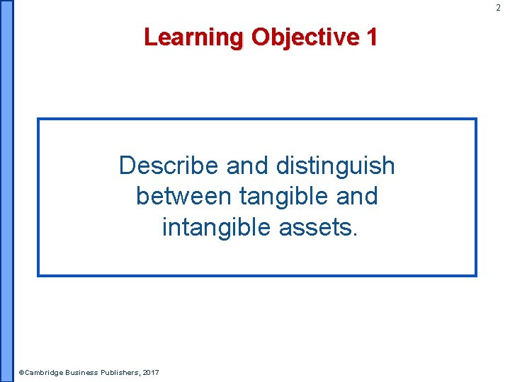 2 Learning Objective 1 Describe and distinguish between tangible and intangible assets. ©Cambridge Business