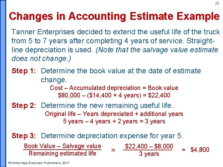 23 Changes in Accounting Estimate Example Tanner Enterprises decided to extend the useful life