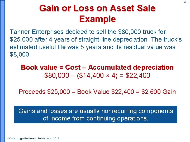 Gain or Loss on Asset Sale Example Tanner Enterprises decided to sell the $80,