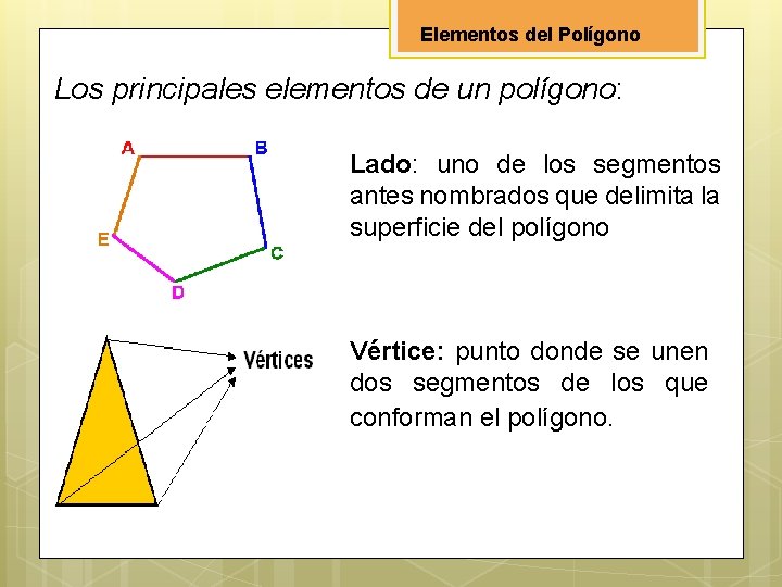 Elementos del Polígono Los principales elementos de un polígono: Lado: uno de los segmentos