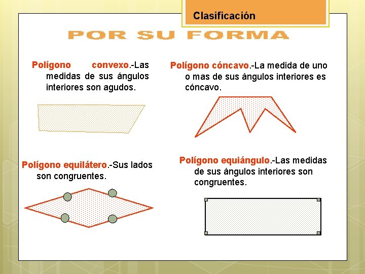 Clasificación Polígono convexo. -Las medidas de sus ángulos interiores son agudos. Polígono equilátero. -Sus