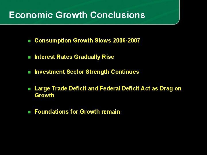 Economic Growth Conclusions n Consumption Growth Slows 2006 -2007 n Interest Rates Gradually Rise