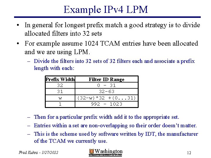 Example IPv 4 LPM • In general for longest prefix match a good strategy