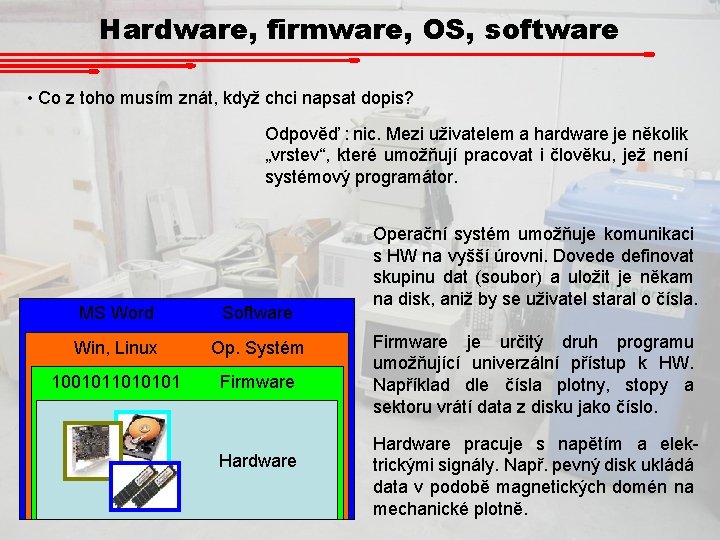 Hardware, firmware, OS, software • Co z toho musím znát, když chci napsat dopis?