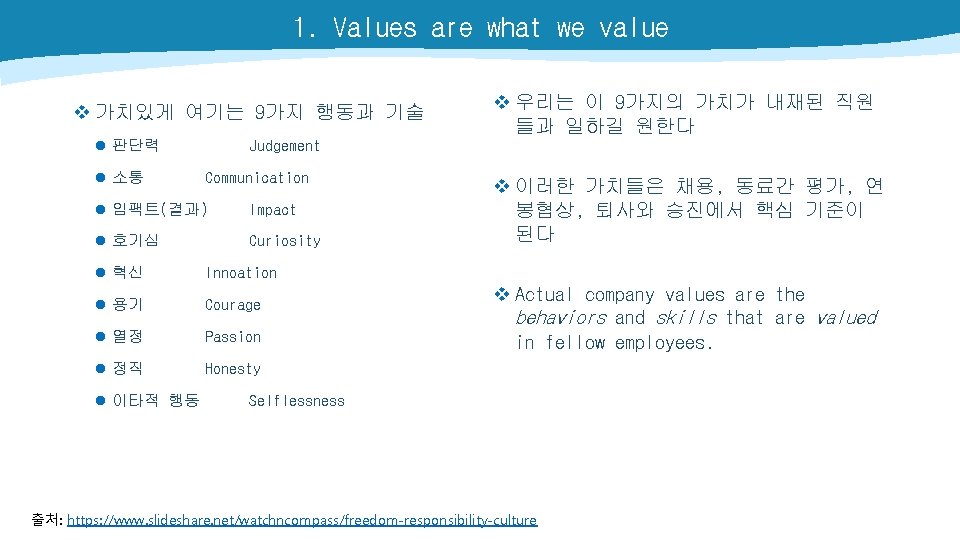 1. Values are what we value v 가치있게 여기는 9가지 행동과 기술 l 판단력