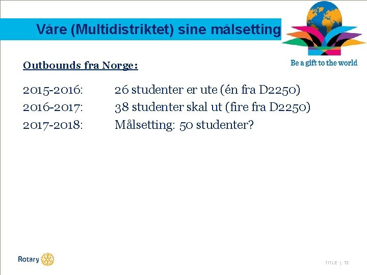 Våre (Multidistriktet) sine målsettinger Outbounds fra Norge: 2015 -2016: 2016 -2017: 2017 -2018: 26