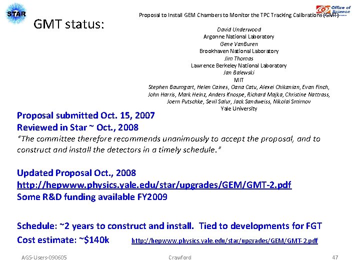 GMT status: Proposal to Install GEM Chambers to Monitor the TPC Tracking Calibrations (GMT)