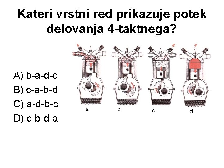 Kateri vrstni red prikazuje potek delovanja 4 -taktnega? A) b-a-d-c B) c-a-b-d C) a-d-b-c