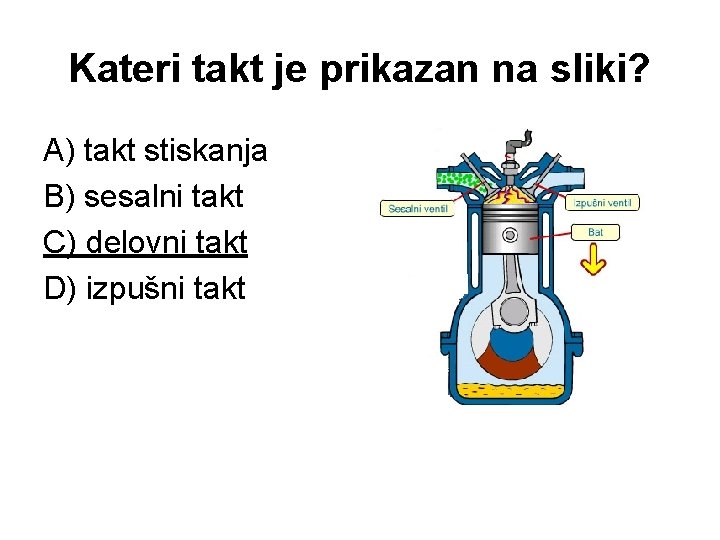 Kateri takt je prikazan na sliki? A) takt stiskanja B) sesalni takt C) delovni