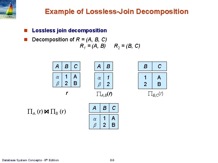 Example of Lossless-Join Decomposition n Lossless join decomposition n Decomposition of R = (A, Example of Lossless-Join Decomposition n Lossless join decomposition n Decomposition of R = (A,