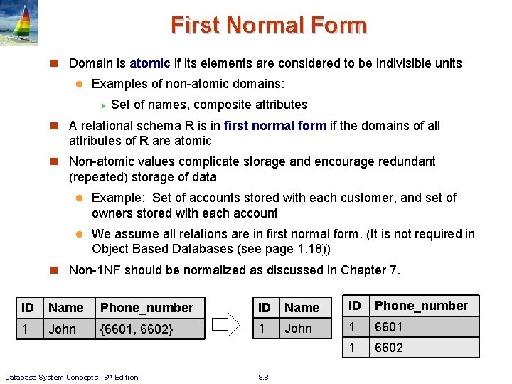 First Normal Form n Domain is atomic if its elements are considered to be First Normal Form n Domain is atomic if its elements are considered to be