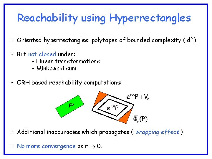 Reachability using Hyperrectangles • Oriented hyperrectangles: polytopes of bounded complexity ( d 2 )