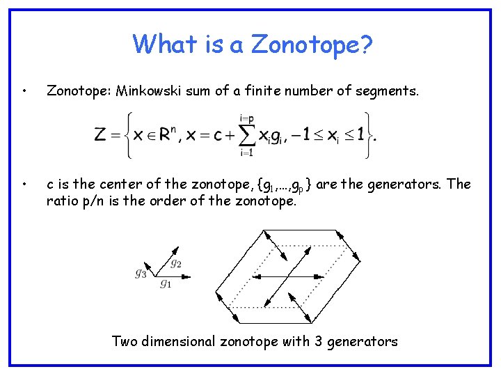 What is a Zonotope? • Zonotope: Minkowski sum of a finite number of segments.