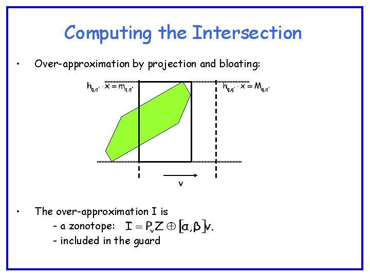 Computing the Intersection • Over-approximation by projection and bloating: v • The over-approximation I