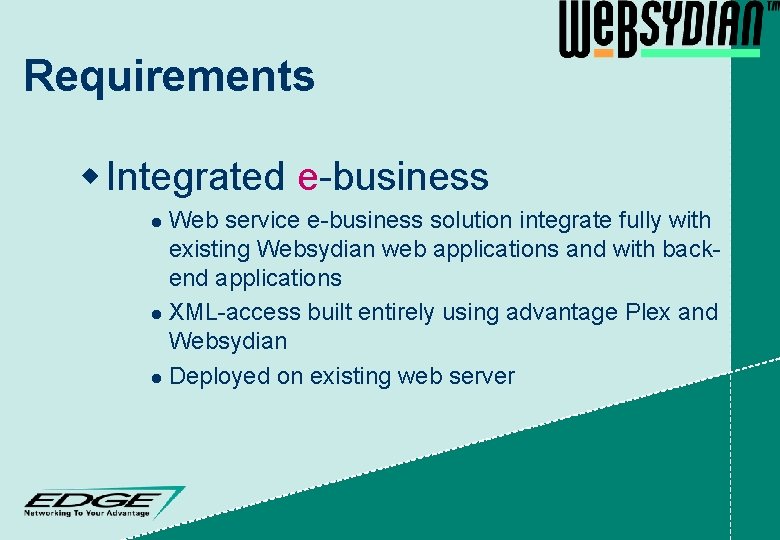 Requirements w Integrated e-business Web service e-business solution integrate fully with existing Websydian web