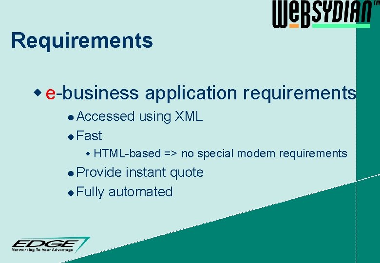 Requirements w e-business application requirements l Accessed using XML l Fast w HTML-based =>