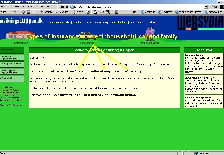 Types of insurance to select : household, car and family 