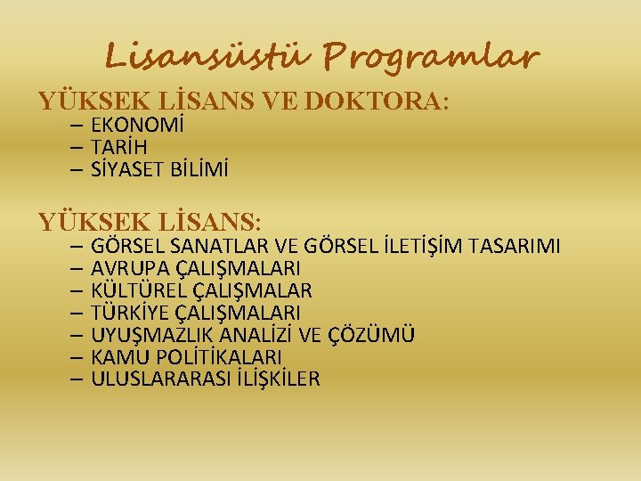 Lisansüstü Programlar YÜKSEK LİSANS VE DOKTORA: – EKONOMİ – TARİH – SİYASET BİLİMİ YÜKSEK