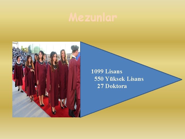 Mezunlar 1099 Lisans 550 Yüksek Lisans 27 Doktora 