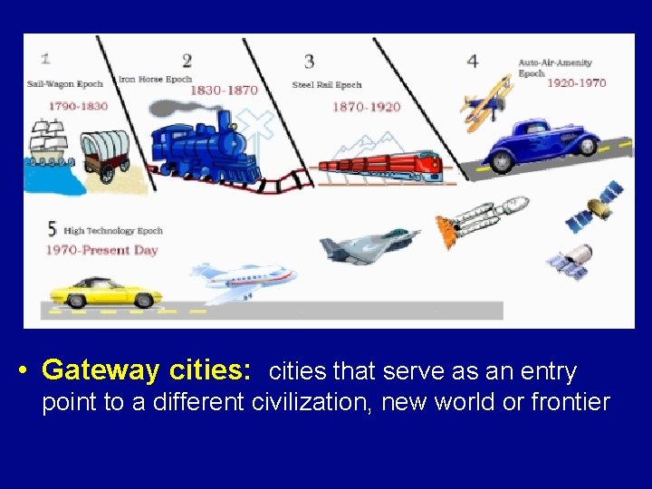  • Gateway cities: cities that serve as an entry point to a different