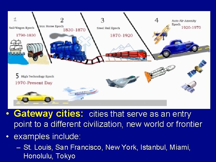  • Gateway cities: cities that serve as an entry point to a different