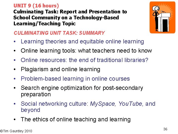 UNIT 9 (16 hours) Culminating Task: Report and Presentation to School Community on a