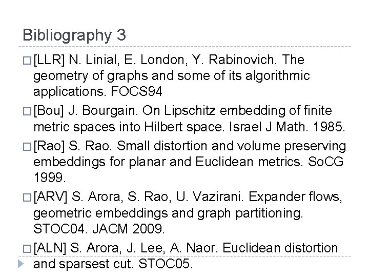 Bibliography 3 � [LLR] N. Linial, E. London, Y. Rabinovich. The geometry of graphs