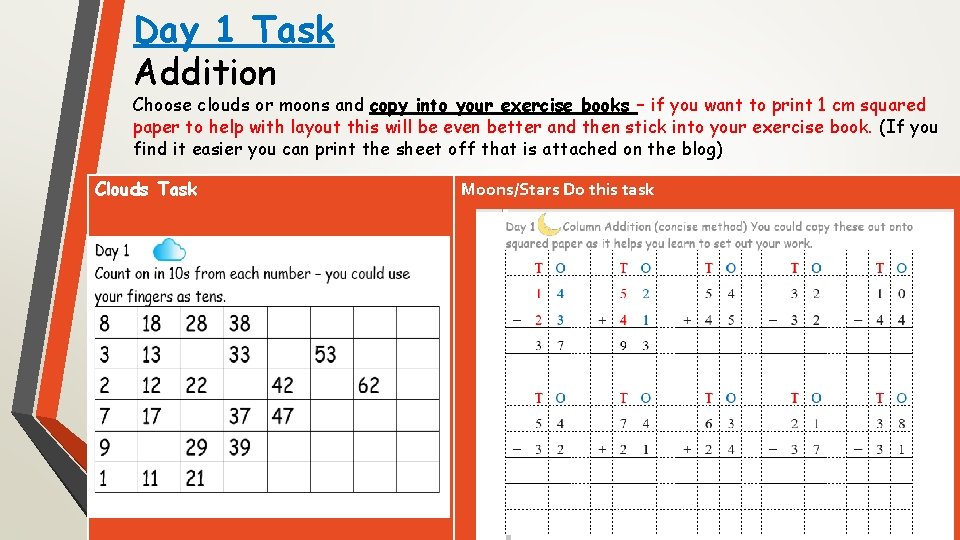 Day 1 Task Addition Choose clouds or moons and copy into your exercise books