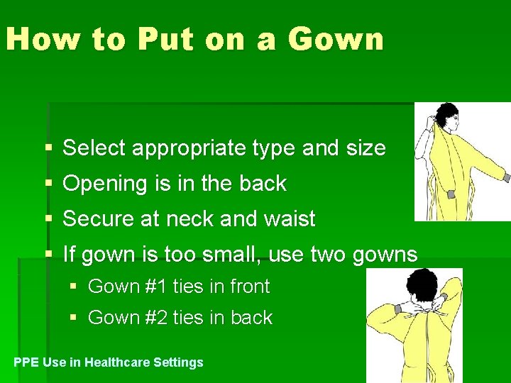How to Put on a Gown § Select appropriate type and size § Opening