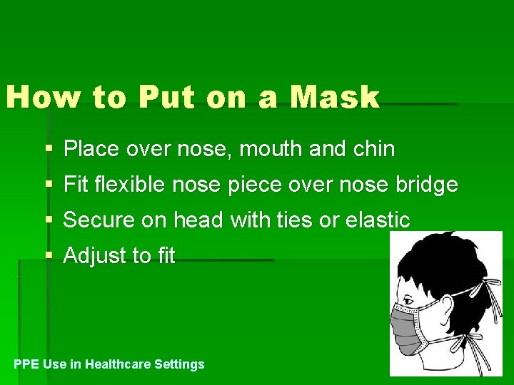 How to Put on a Mask § Place over nose, mouth and chin §