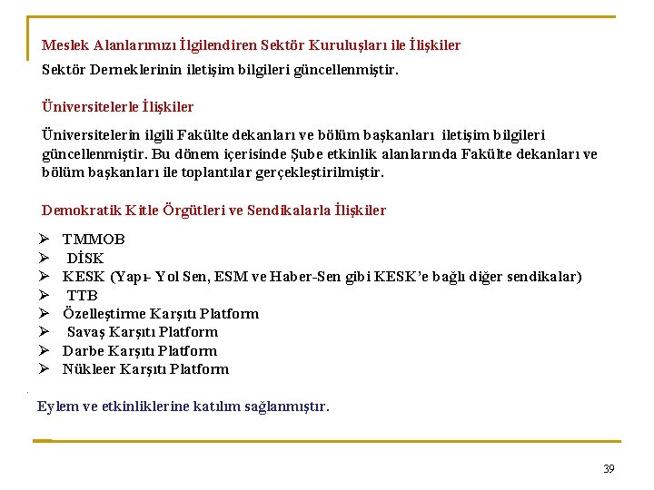 Meslek Alanlarımızı İlgilendiren Sektör Kuruluşları ile İlişkiler Sektör Derneklerinin iletişim bilgileri güncellenmiştir. Üniversitelerle İlişkiler