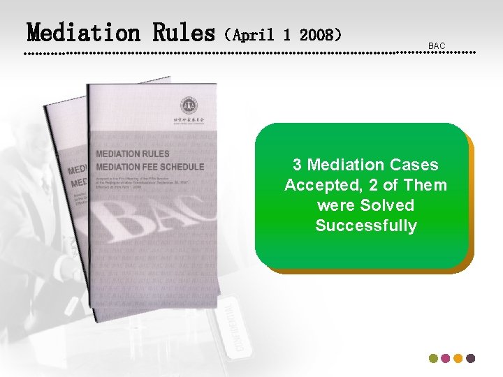 Mediation Rules（April 1 2008） BAC 3 Mediation Cases Accepted, 2 of Them were Solved