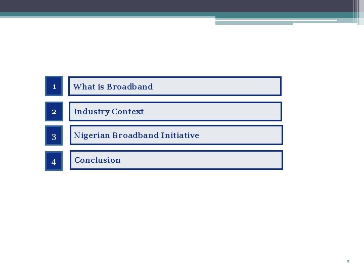 Outline 1 What is Broadband 2 Industry Context 3 Nigerian Broadband Initiative 4 Conclusion