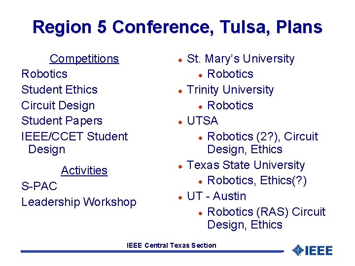 Region 5 Conference, Tulsa, Plans Competitions Robotics Student Ethics Circuit Design Student Papers IEEE/CCET