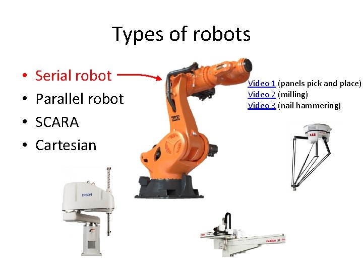 Types of robots • • Serial robot Parallel robot SCARA Cartesian Video 1 (panels