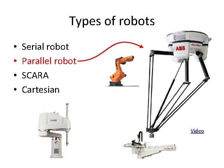 Types of robots • • Serial robot Parallel robot SCARA Cartesian Video 