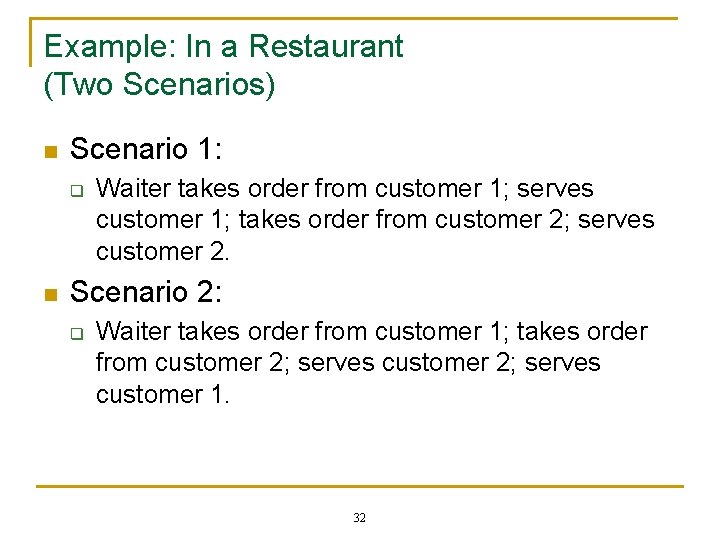 Example: In a Restaurant (Two Scenarios) n Scenario 1: q n Waiter takes order